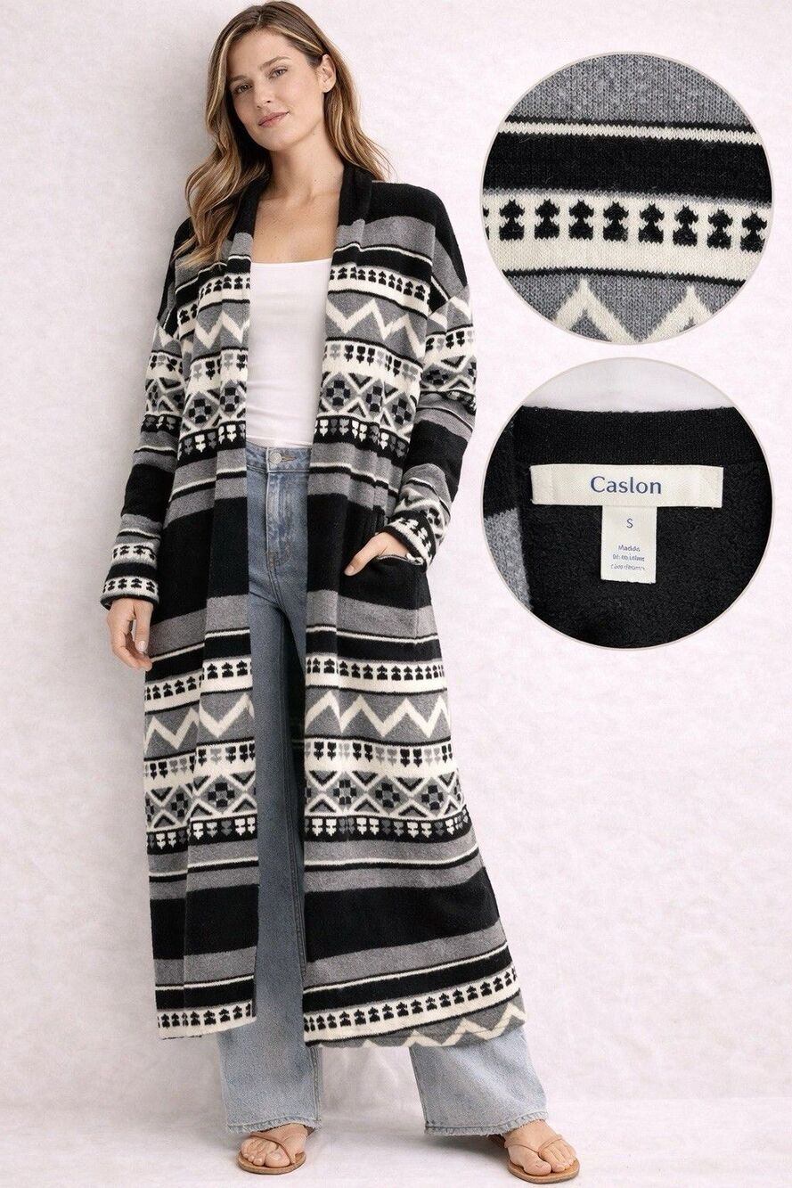 Women Caslon By Norstrom Long Cardigan Aztec Tribal Boho Open Front Size S - Picture 11 of 15